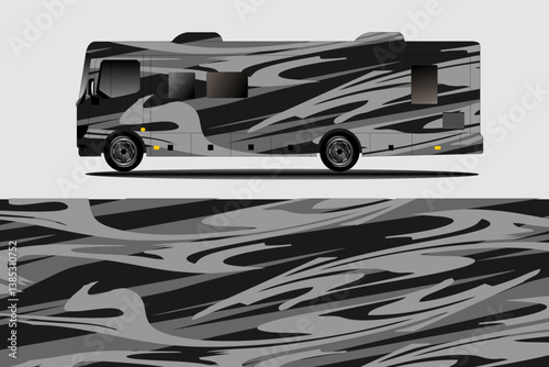 Sleek, modern RV design featuring abstract gray patterns parked against a neutral backdrop