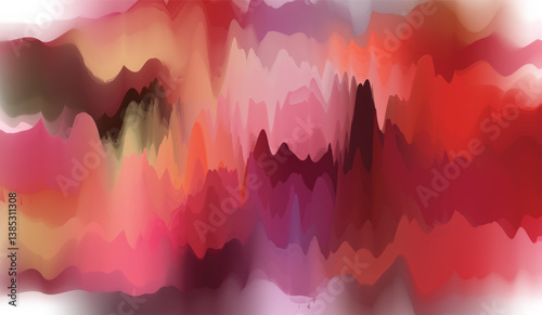 Abstract red and pink background with lines featuring a mountain landscape at sunset with fog, clouds, and a peaceful view of the horizon