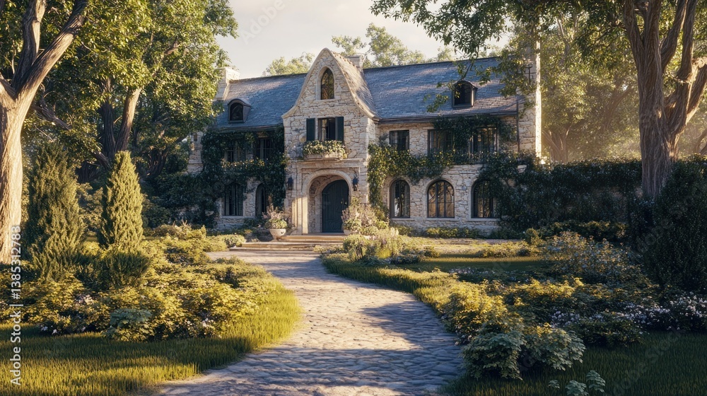Obraz premium Stone house, garden path, sunlight, trees, idyllic suburban scene, real estate