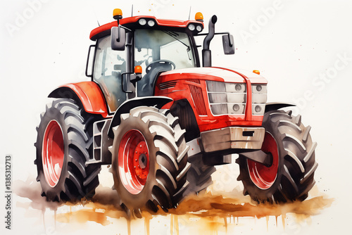 Red tractor in the field.