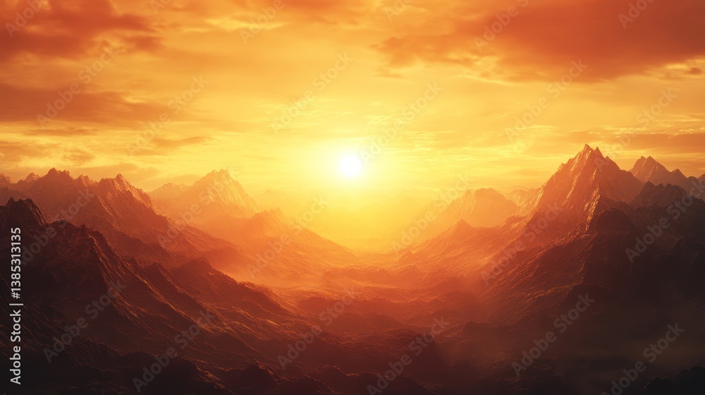 Naklejka premium Dramatic mountain range sunset, fiery orange sky. Possible use for nature wallpaper