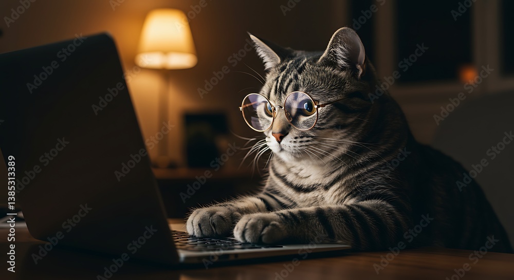 Cat with Glasses Using Laptop Computer in Warm Lit Room Cat with Glasses Using Laptop Computer in Warm Lit Room