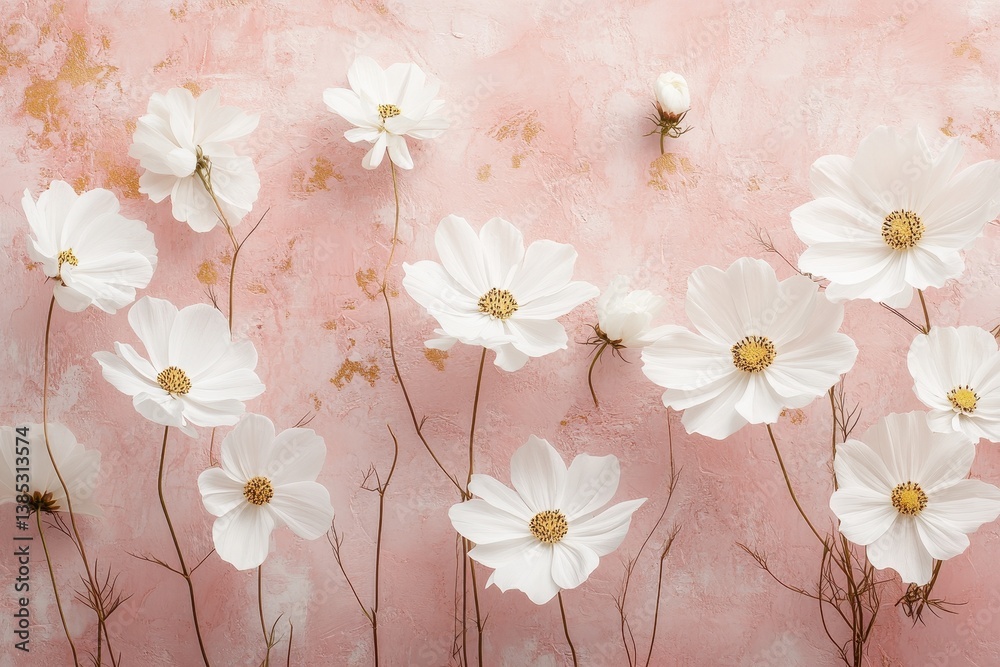 Obraz premium Beautiful white flowers with yellow centers on a pink textured background