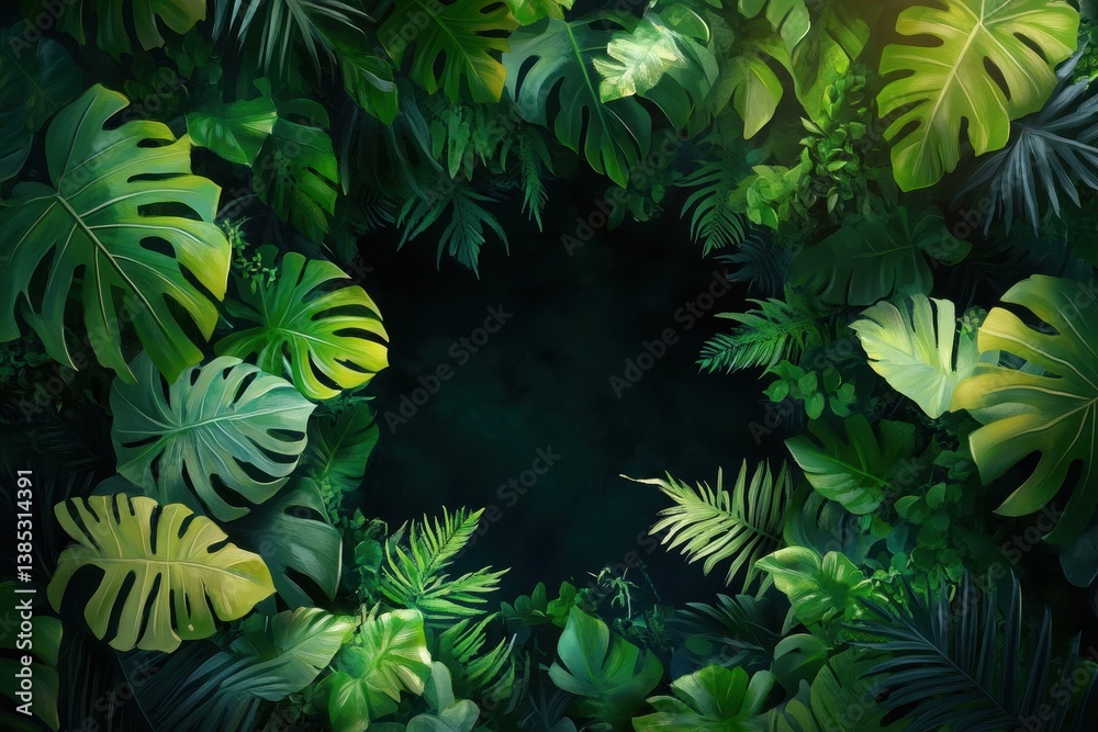 Fototapeta premium A collection of vibrant green tropical leaves densely arranged together