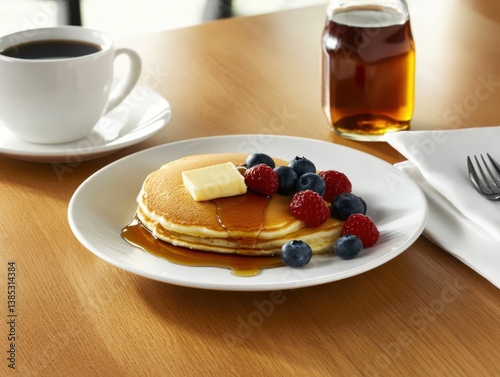A plate of fluffy pancakes with syrup and fresh berries on a wooden breakfast table. Featuring comfort and sweetness