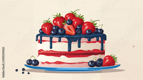 Cake with strawberries and blueberries on a plate. Delicious food illustration.