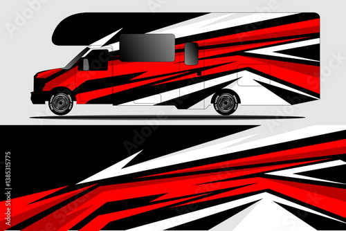 Vibrant graphic design of a modern RV showcasing dynamic red and black patterns against a neutral backdrop