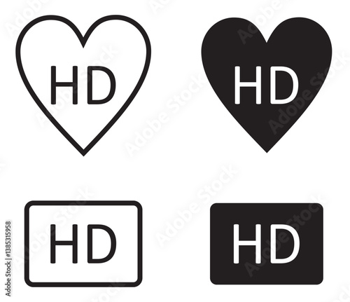 Hd icon or button in two shapes ouline and filled. Vector illustration.