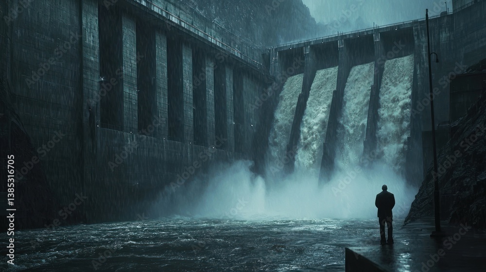 Naklejka premium Solitary Figure at a Majestic Dam Under a Rainy Sky