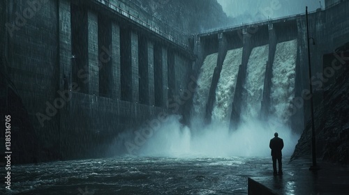 Solitary Figure at a Majestic Dam Under a Rainy Sky