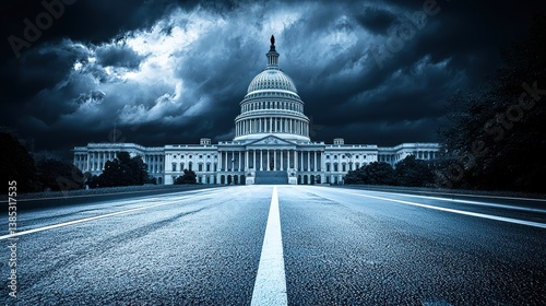 Capitol building under stormy sky, road leading to it, political uncertainty concept