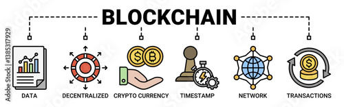 Blockchain banner web icon illustration concept with icon of data, decentralized, crypto currency, timestamp, network and transactions icons symbol background.