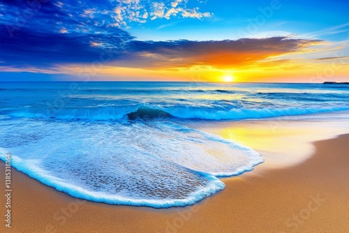 A dramatic sunrise over Blackpool beach, with the tide gently rolling in