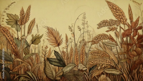 Vintage Botanical Illustration – Muted Greens and Browns, Retro Etching Aesthetic Background