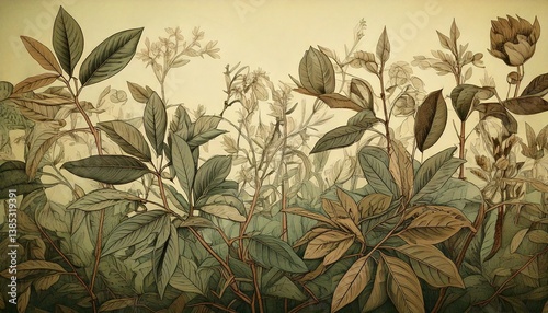 Vintage Botanical Illustration – Muted Greens and Browns, Retro Etching Aesthetic Background