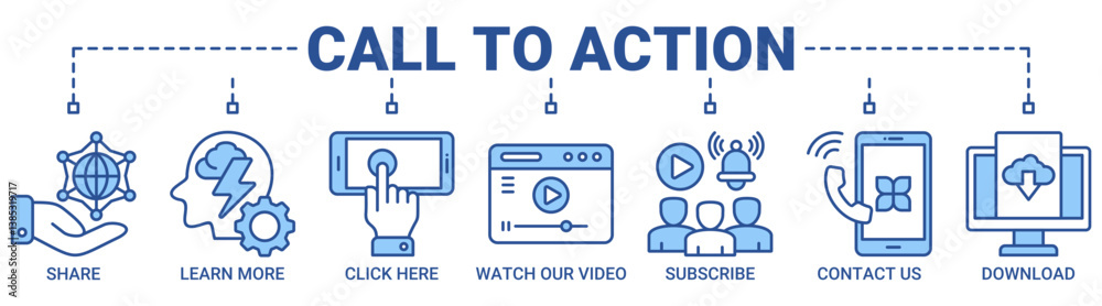 Call to action banner web icon vector illustration concept with icon of share, learn more, click here, watch our video, subscribe, contact us, and download icons. Outline blue color symbol background. Call to action banner web icon vector illustration concept with icon of share, learn more, click here, watch our video, subscribe, contact us, and download icons. Outline blue color symbol background.
