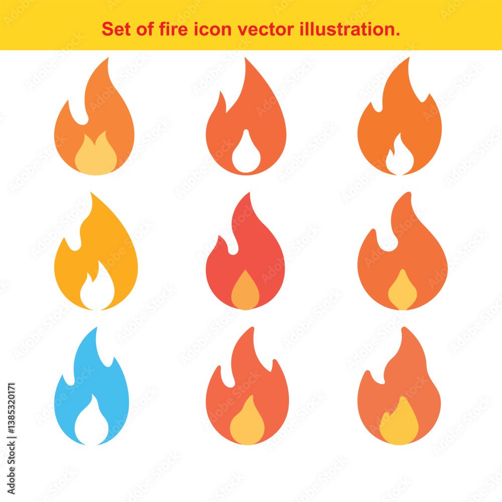 Set of various fire flames icons in minimalist style on a white background. Set of various fire flames icons in minimalist style on a white background.