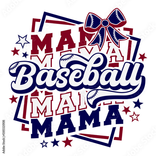 Baseball Mama design with groovy wavy text and coquette bow
