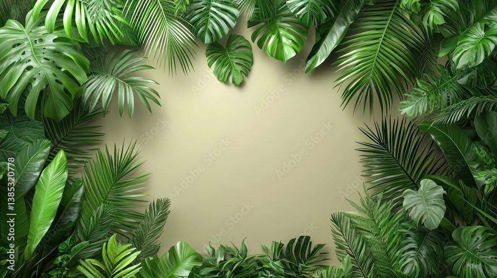 Lush tropical leaves frame beige background; ideal for text or product placement