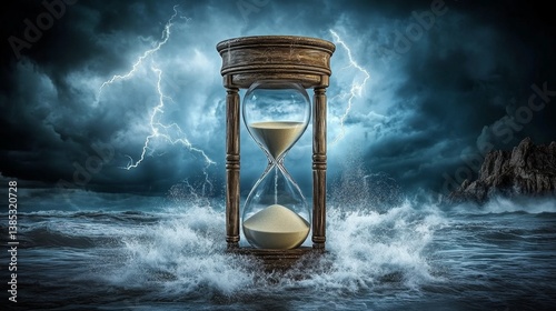 A floating hourglass refueling itself with glowing sands of time