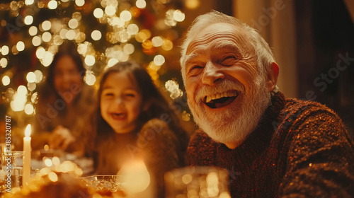 Multi-Generational Family Members Share Funny Stories and Joy During a Christmas Turkey Dinner. Happy Parents and Kids Singing Christmas Carols Together, Dancing Behind a Table and Lighting,