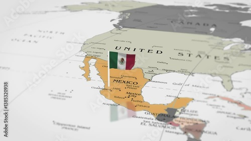 The camera rotating around Mexico on the world map takes the focus. Mexico flag waving on the map 4K Animation.
