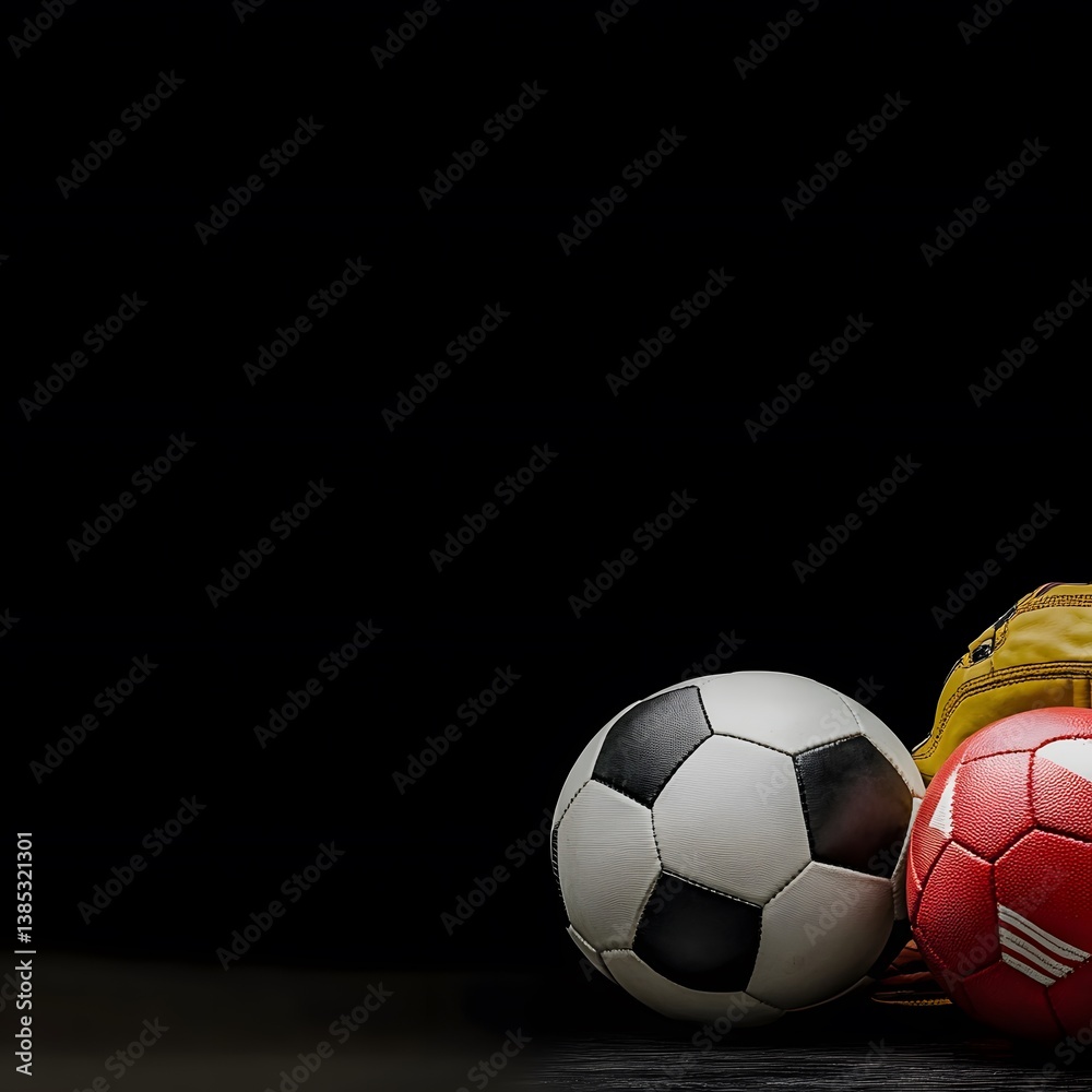 Classic Soccer Balls and Sports Equipment on Black Background Classic Soccer Balls and Sports Equipment on Black Background