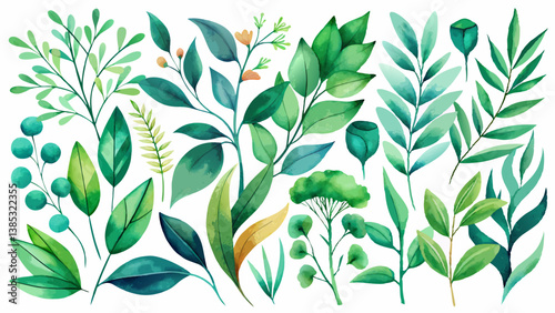 Watercolor floral illustration set - green leaf branches collection, for wedding stationary, greetings, wallpapers, fashion, background. Eucalyptus, olive, green leaves, etc.