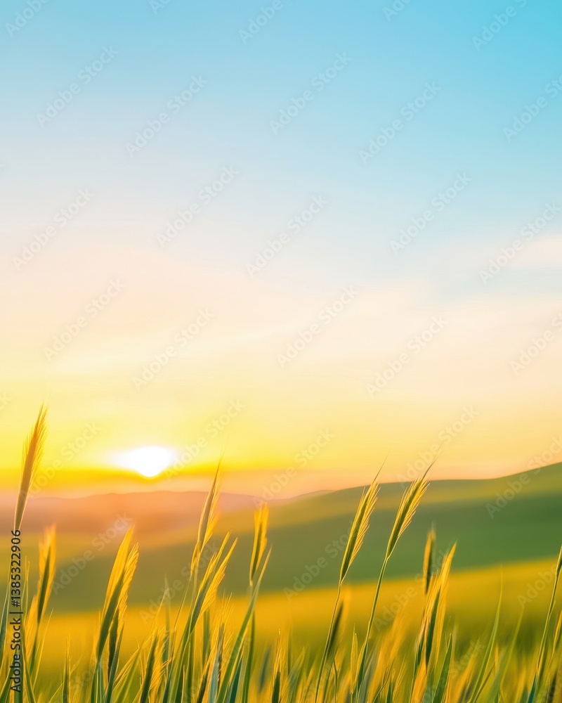Fototapeta premium Golden Hour Sunrise Over Lush Field with Wheat Grass Silhouette Nature Landscape Scenery