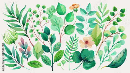 Watercolor floral illustration set - green leaf branches collection, for wedding stationary, greetings, wallpapers, fashion, background. Eucalyptus, olive, green leaves, etc.