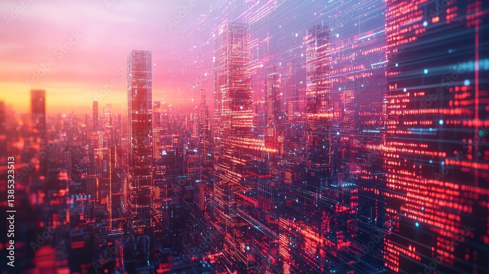 custom made wallpaper toronto digitalFuturistic city skyline at sunset, data streams overlay, digital transformation concept, website banner