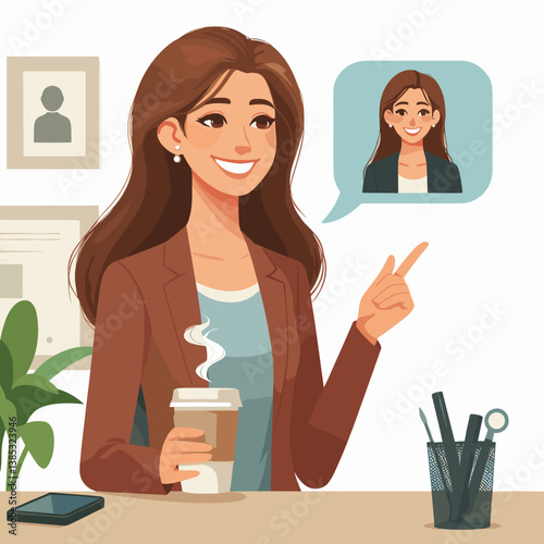 Professional woman discussing ideas while holding coffee  