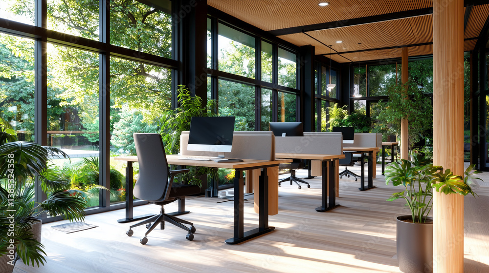 Fototapeta premium Office Interior with Monitors, Plants, and Wooden Furniture