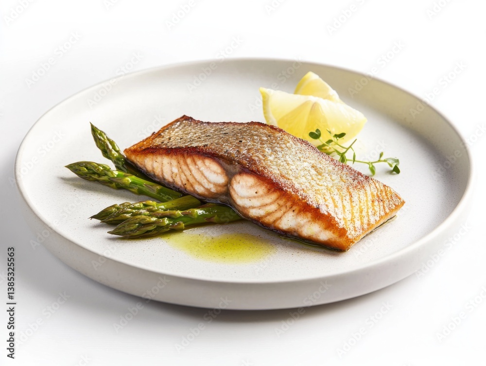 A plate of seared salmon fillet with a crispy skin, served with asparagus and lemon wedges. Featuring freshness and elegance A plate of seared salmon fillet with a crispy skin, served with asparagus and lemon wedges. Featuring freshness and elegance