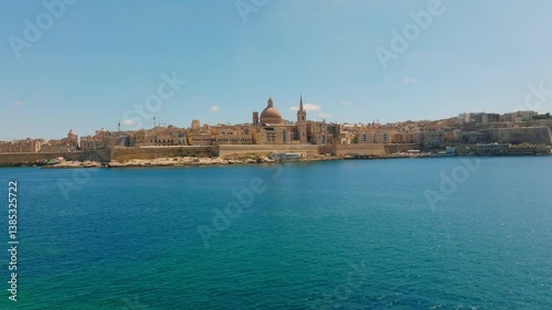 Drone day panorama view of Valletta city, church. Capital of Maltese island, Mediterranean sea