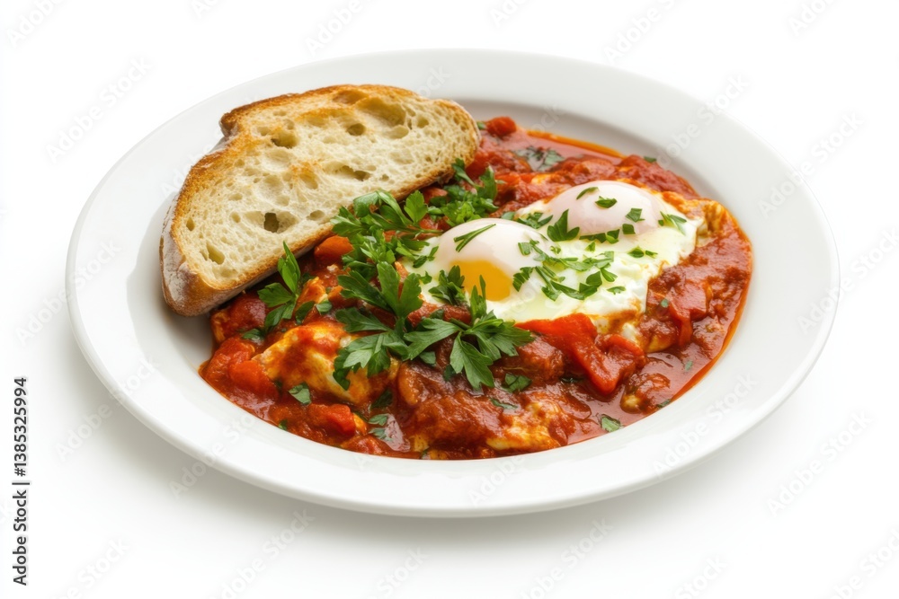 A plate of shakshuka with poached eggs and crusty bread. Featuring warmth and spice A plate of shakshuka with poached eggs and crusty bread. Featuring warmth and spice
