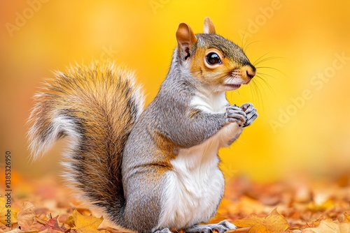 A grey squirrel standing on its hind legs in a city park, surrounded by fallen leaves