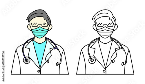 Male doctor wearing medical mask and stethoscope in two styles, colored and striped. Symbolizes professional healthcare, medical services and hospital staff. Editable strokes