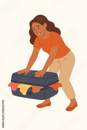 Woman struggling to pack suitcase with colorful clothes  