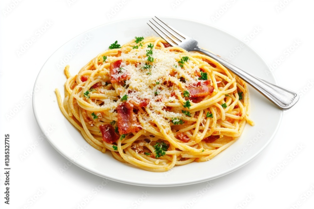 A plate of spaghetti carbonara topped with grated parmesan and crispy bacon. Featuring richness and tradition A plate of spaghetti carbonara topped with grated parmesan and crispy bacon. Featuring richness and tradition