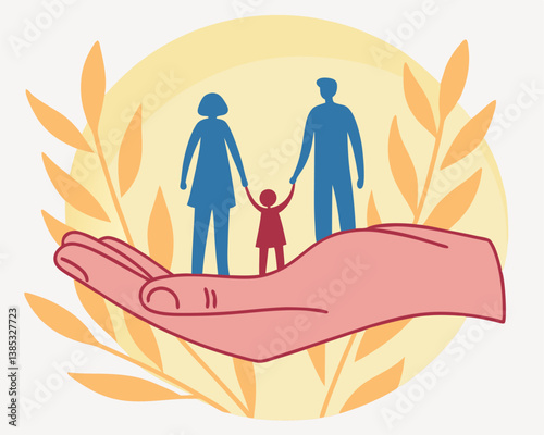 Gentle Family Care: Large Hand Protecting Parents and Child Silhouette.