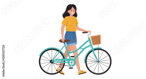 Young woman riding a bicycle in a cheerful style  
