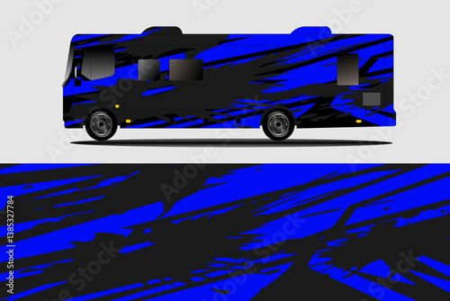 Vibrant blue and black patterned RV design showcasing a side view with abstract graphics, ideal for travel themes