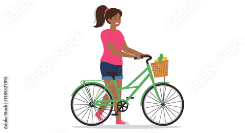 Woman Riding Bicycle with Groceries in Basket  