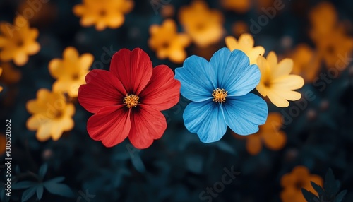 Vibrant Cosmos Duo: A Red and Blue Floral Symphony