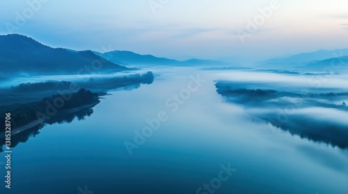 Misty River Valley Aerial View