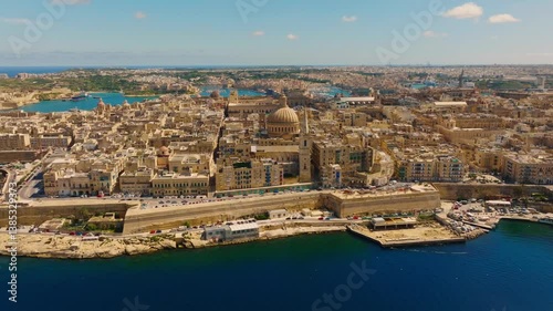 Drone day top view of Valletta city, church. Capital of Maltese island, Mediterranean sea