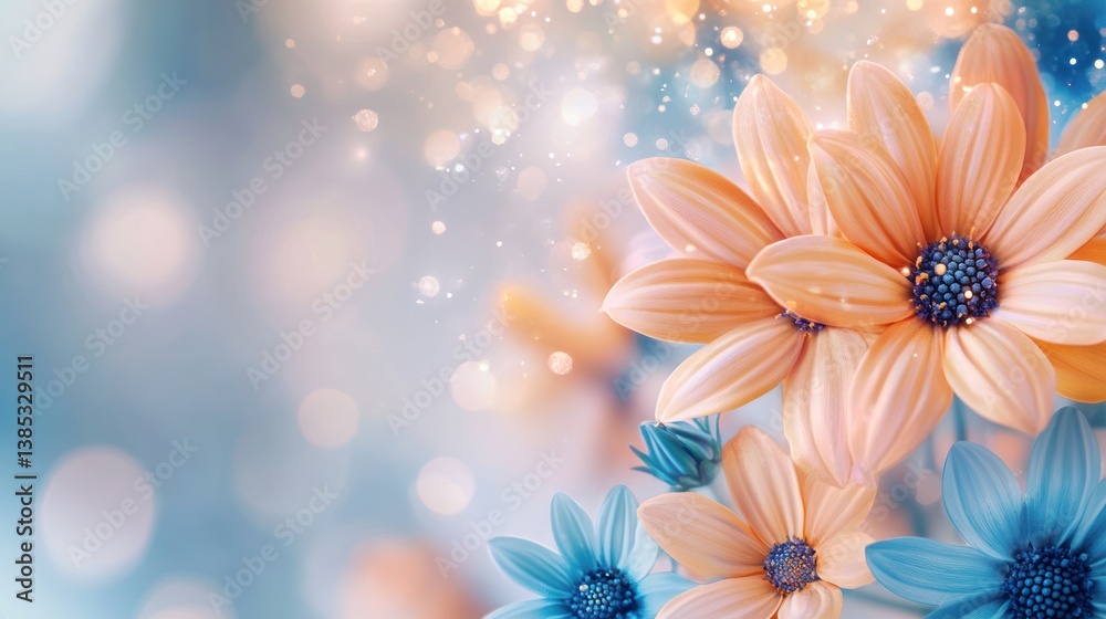 Naklejka premium Soft Peach & Blue Flowers, Bokeh Background, Floral Design, Nature
