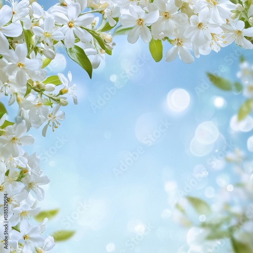 White flowers in full bloom against a soft blurred blue background