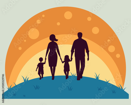 Family Silhouette Walking at Sunset: Parents and Two Children Together.